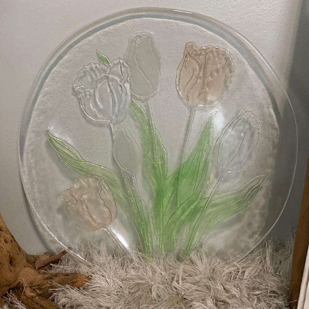 Vintage Tulip L.E. Smith Glass Co. Floral 13" Platter Plate‎